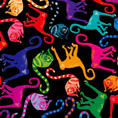 Brightly patterned dress featuring multi-colored abstract animal shapes, worn by a woman against a background that mirrors the vibrant theme, combining playful art with fashion. Designed by Australian designer brand Streborclothing.