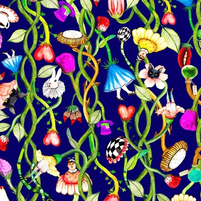 Fabric in a forest scene wearing a dark blue dress with a lively floral and vine print, blending earthy elements with an artistic twist in nature-inspired surroundings. Designed by Australian designer brand Streborclothing.