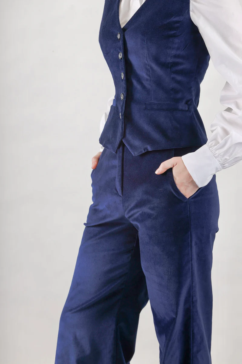 High Waisted Pants in Navy Velvet - Image 9