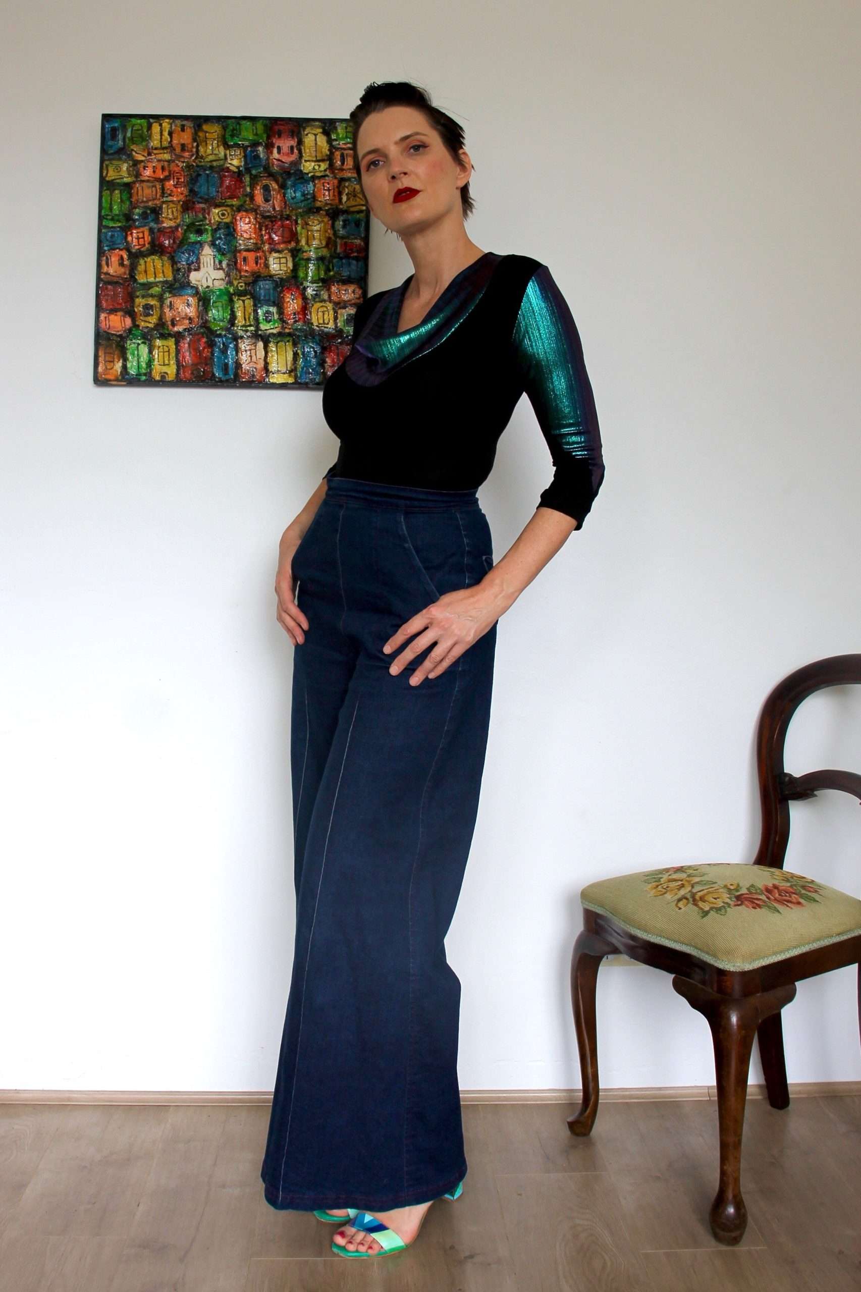 Cowl Neck Knit Top with Iridescent Blue Metallic - Image 9