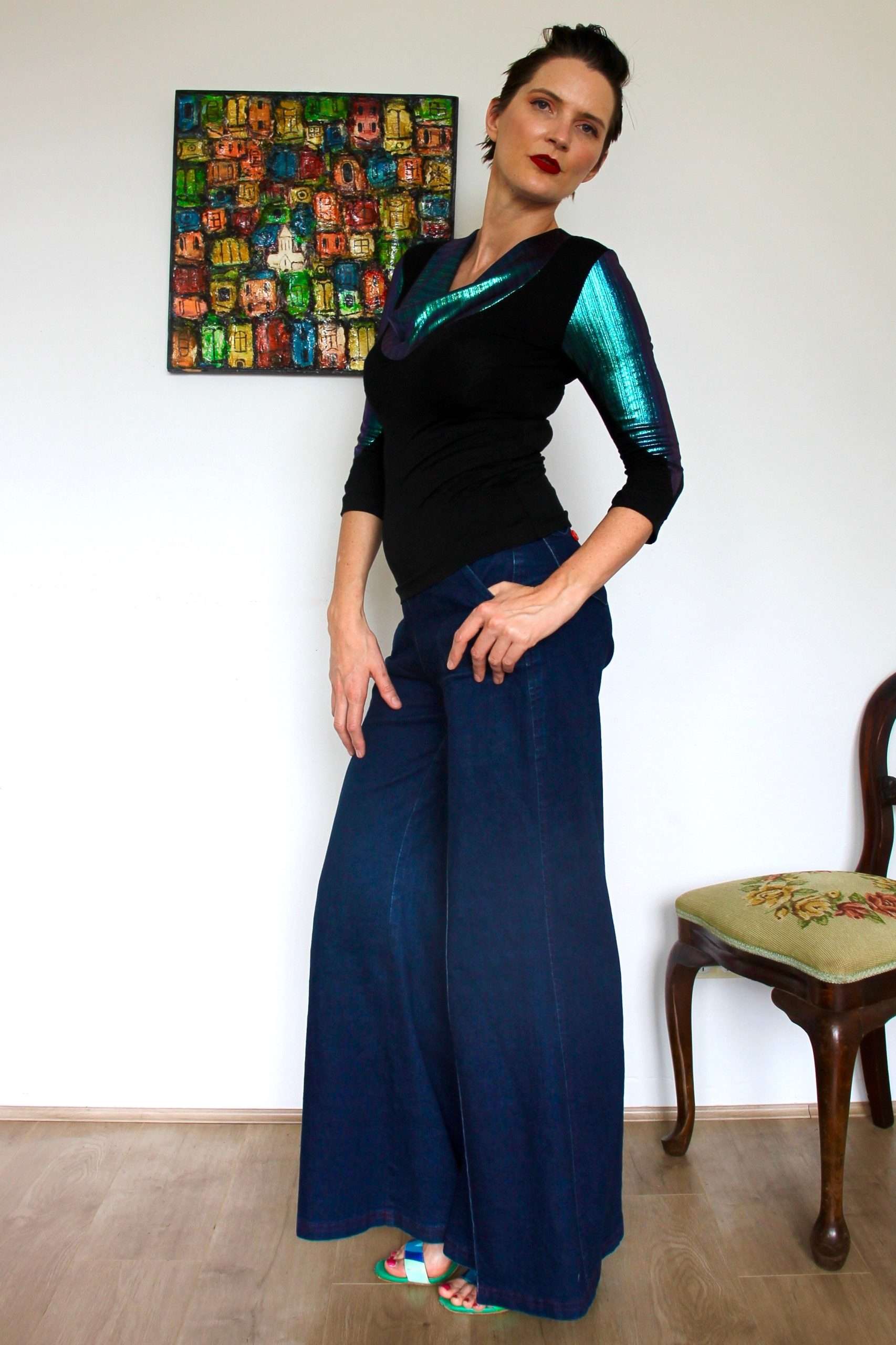 Cowl Neck Knit Top with Iridescent Blue Metallic - Image 7