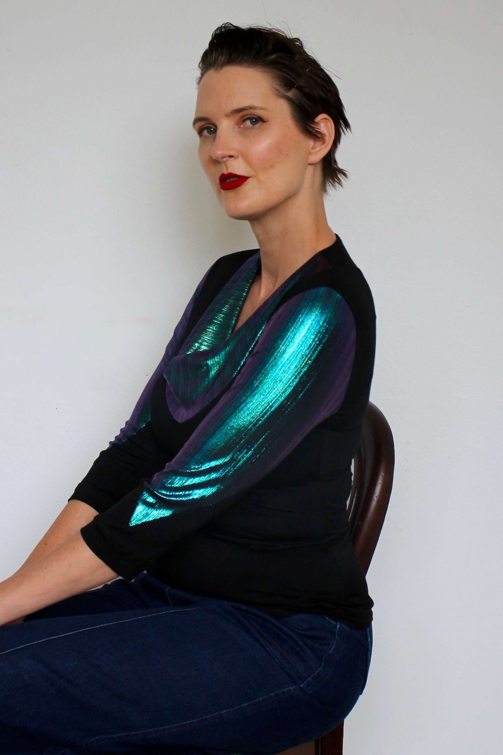 Cowl Neck Knit Top with Iridescent Blue Metallic - Image 6