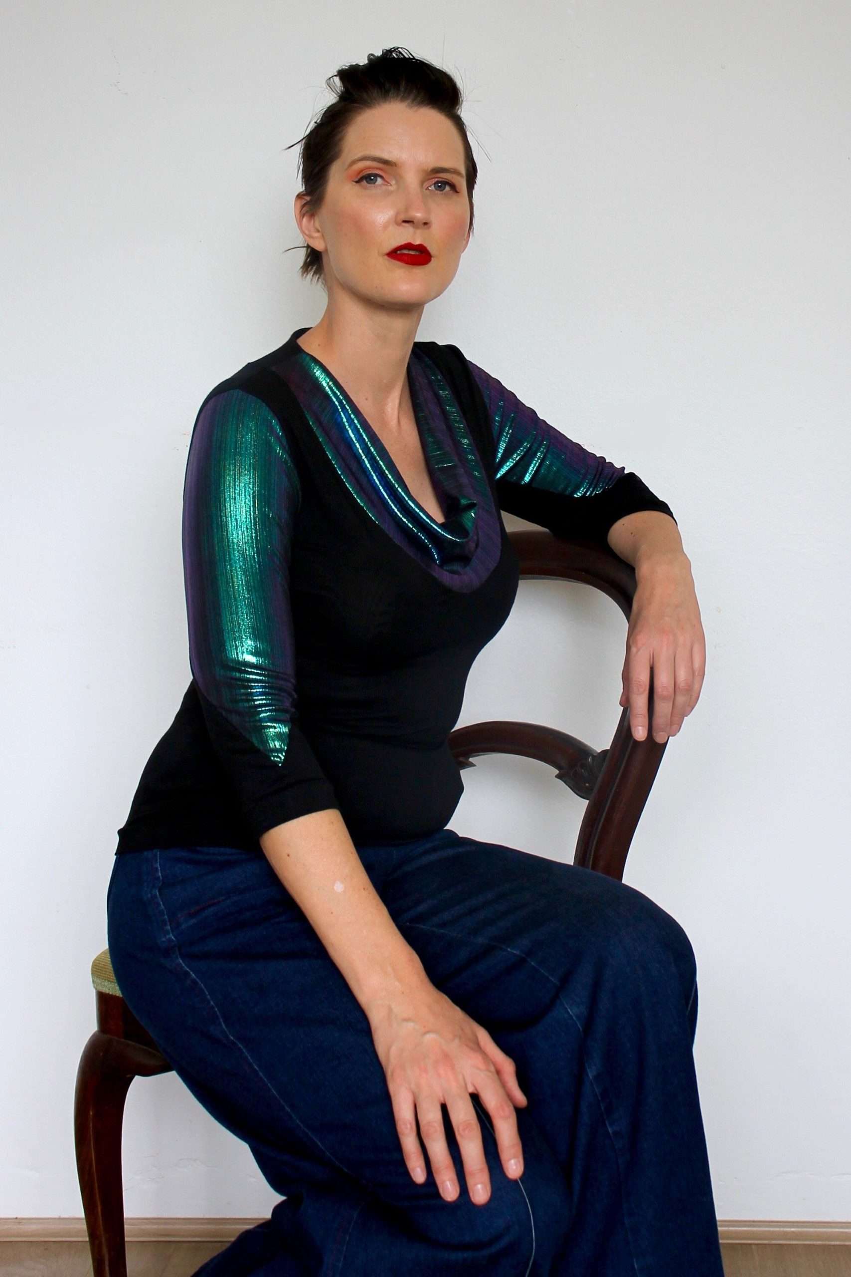 Cowl Neck Knit Top with Iridescent Blue Metallic - Image 4