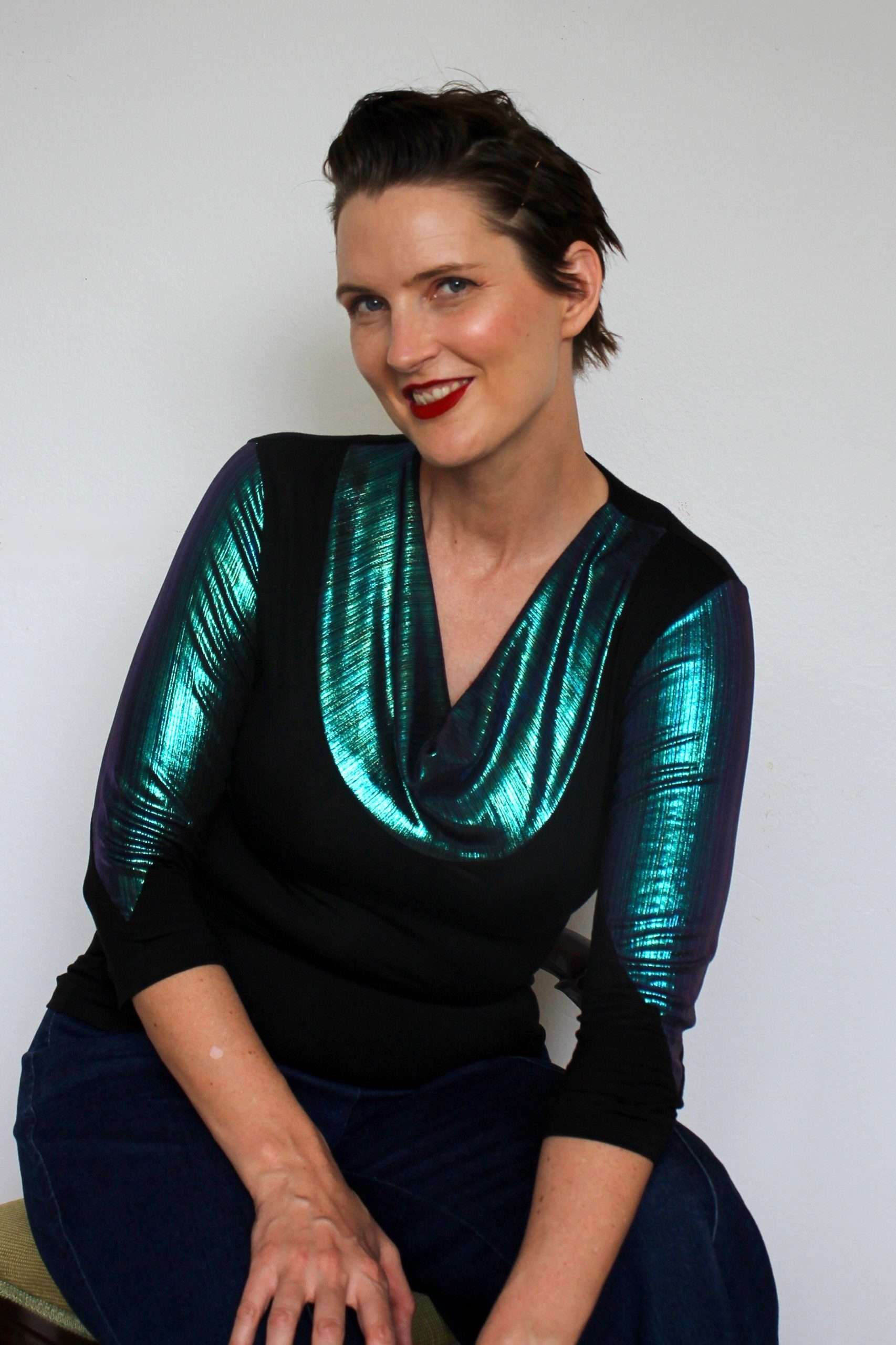 Cowl Neck Knit Top with Iridescent Blue Metallic - Image 2