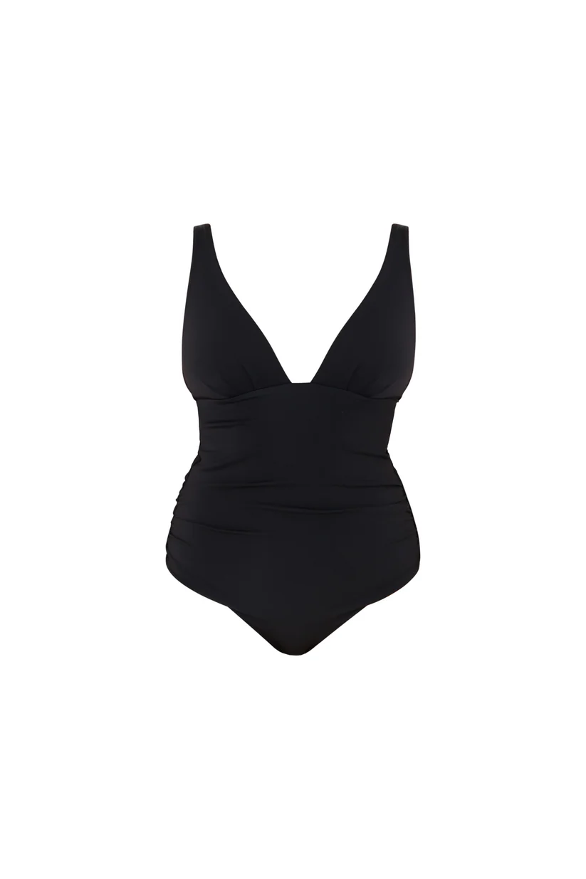 Plunging V-Neckline Smooth Black Swimsuit - Image 5