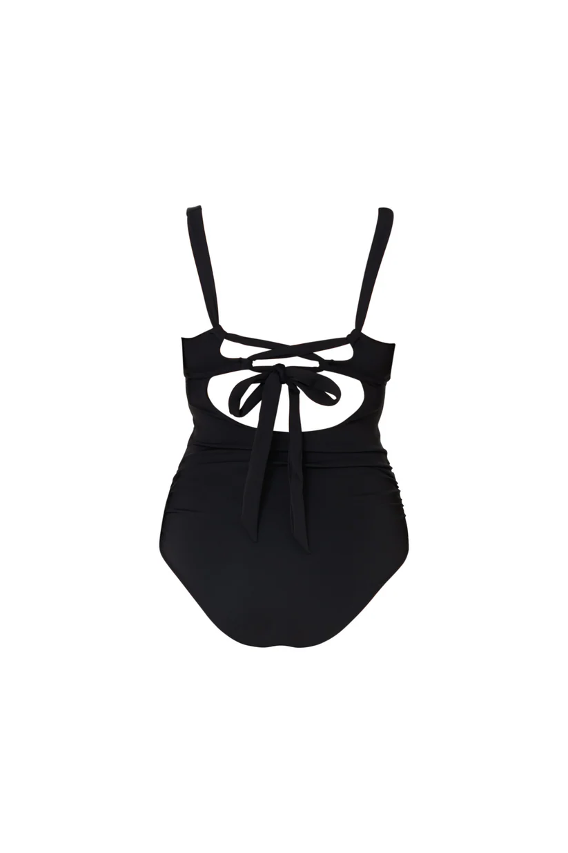 Plunging V-Neckline Smooth Black Swimsuit - Image 6